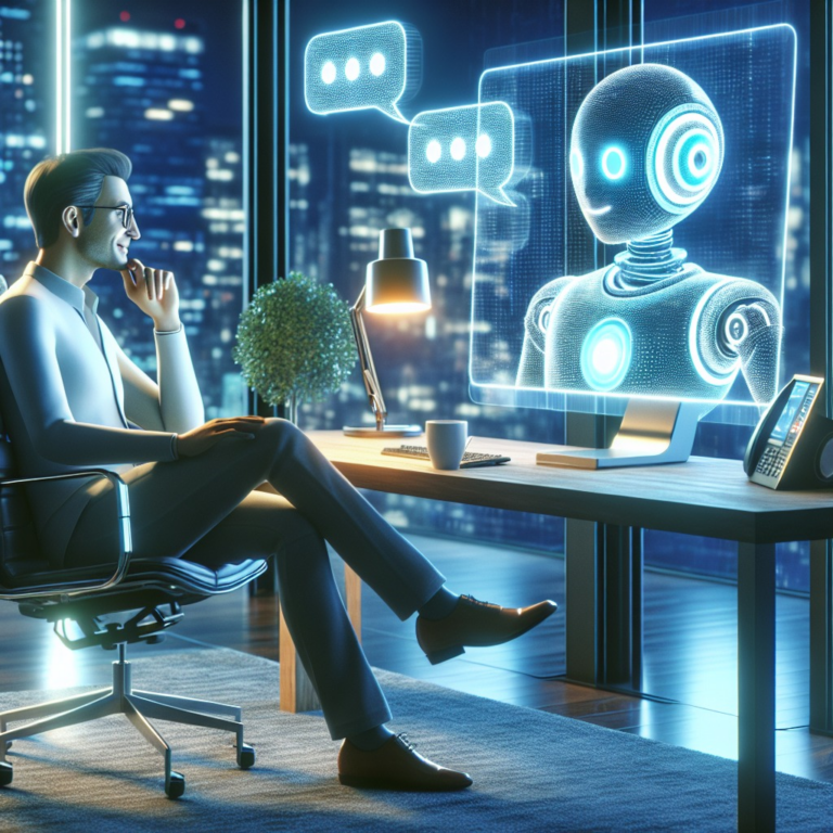 A professional working at a desk with a laptop, engaging with a digital interface featuring chatbot icons and a humanoid robot, illustrating the integration of AI and chatbots in business operations.