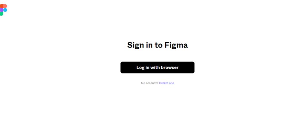 A sleek and user-friendly sign-in page for Figma in a dark theme, showcasing a "Sign in to Figma" heading, a "Log in with browser" button, and a "No account? Create one" link. Ideal for app developers seeking seamless access to Figma for their design needs