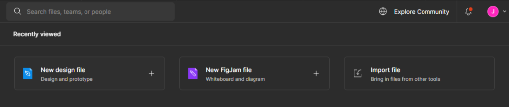 A user-friendly interface for app developers within Figma, presenting options for creating new design files, importing FigJam designs, and importing files from other tools. Perfect for app developers looking to streamline their design workflow with Figma's versatile features.