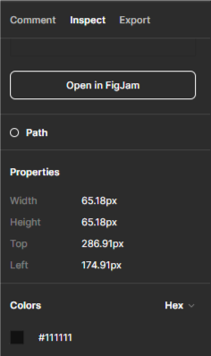 A sleek design software interface for app developers, featuring options to "Open in FigJam" and adjust properties like width, height, top, and left coordinates. The color section showcases a hex code "#111111" for precise color selection. Ideal for app developers utilizing Figma for their design projects