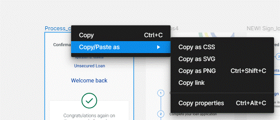 A user interface displaying various copy options including Copy as CSS and Copy as SVG, highlighting the seamless process of exporting designs from Figma to Flutter