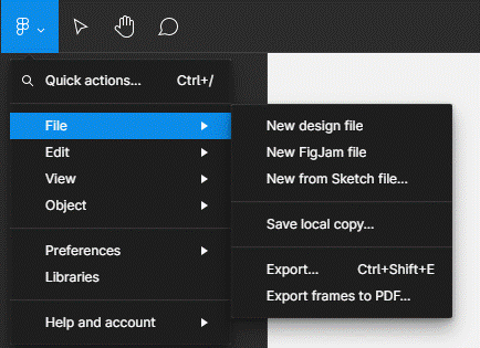 Software program interface displaying file management options including exporting designs from Figma to Flutter with keyboard shortcuts like Ctrl+Shift+E