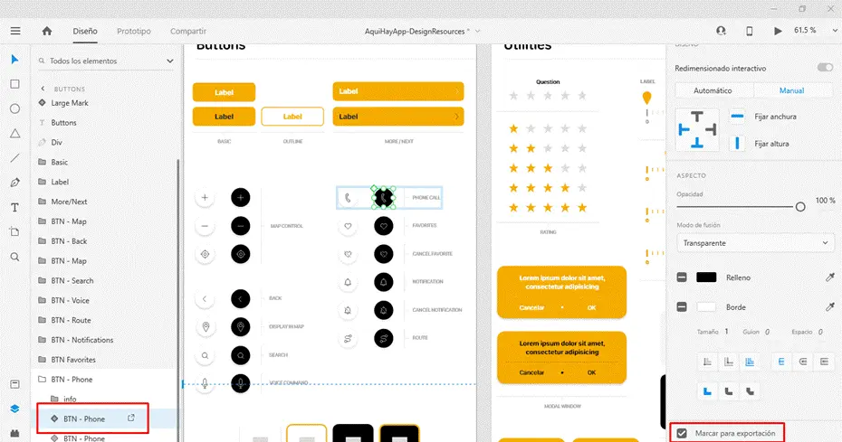 A detailed design interface showcasing various elements and controls on a wireframing or prototyping software. Includes buttons like "Label" and "BTN - Phone", with options for questions, labels, and design settings.