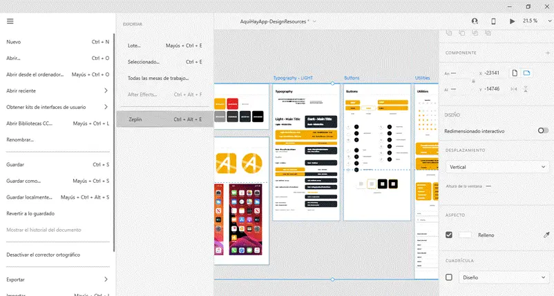 A comprehensive user interface displaying a design resource platform for creating wireframes and prototypes with a Zeplin guide