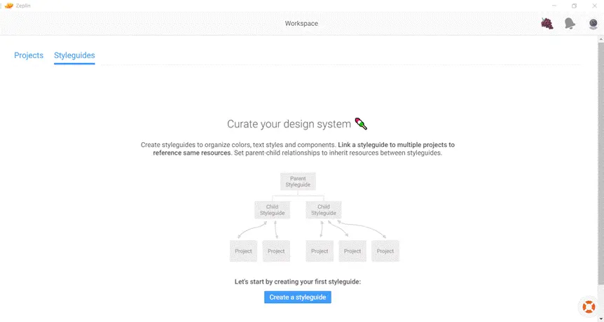 A visual representation of the Zeplin design platform guiding users to create styleguides for organizing design elements across various projects.