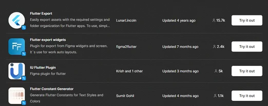 A comprehensive list of Flutter plugins designed for seamless asset export from Figma to Flutter, each plugin featuring detailed descriptions, authors, update dates, and download counts. Explore the plugins and take action with the "Try it out" buttons provided for a hands-on experience.