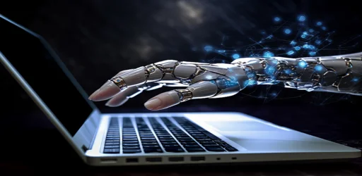 A futuristic robotic hand operating a laptop, showcasing the fusion of artificial intelligence and technology in software development.